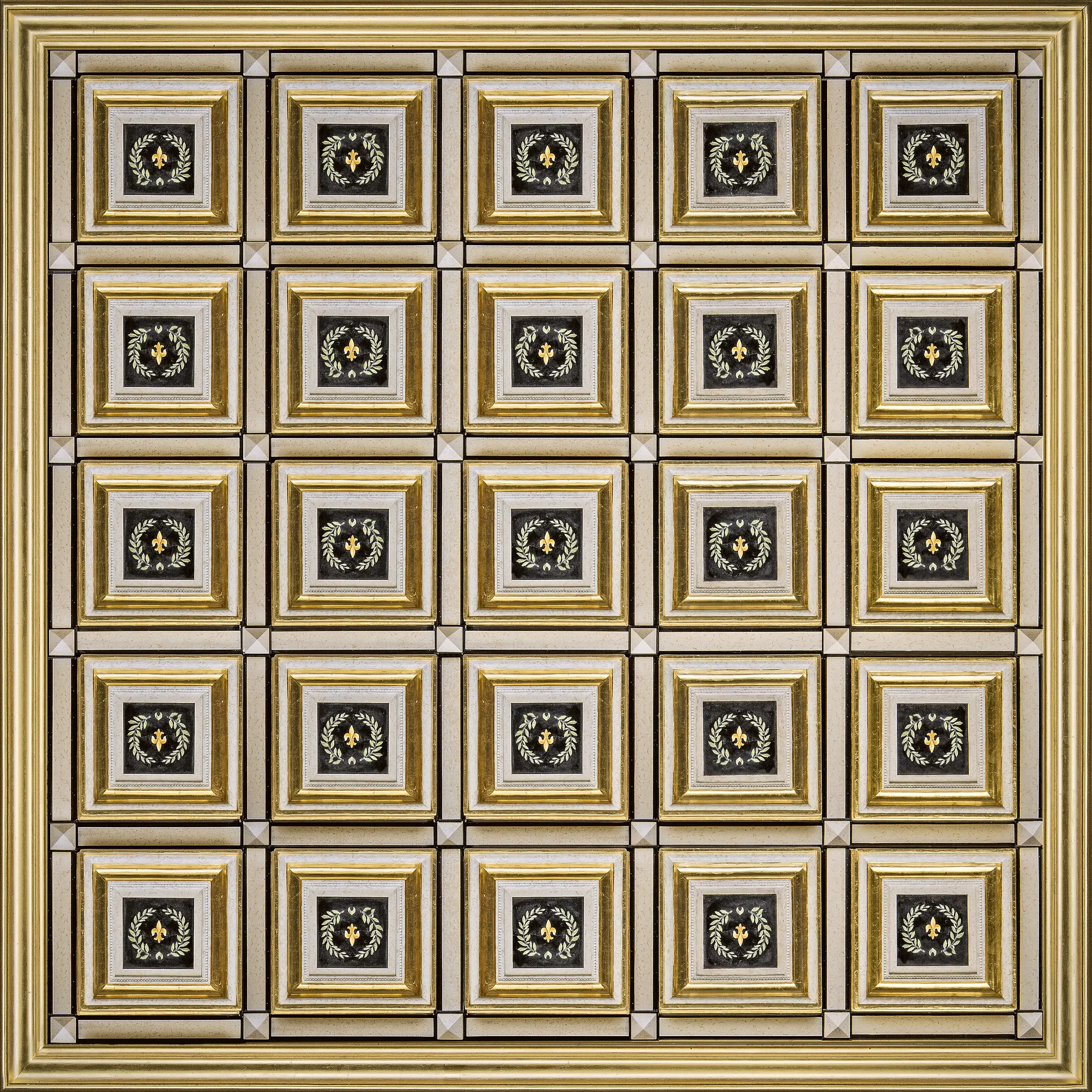 Soffitto Cetus - Vista completa del soffitto artistico decorato con doratura a missione