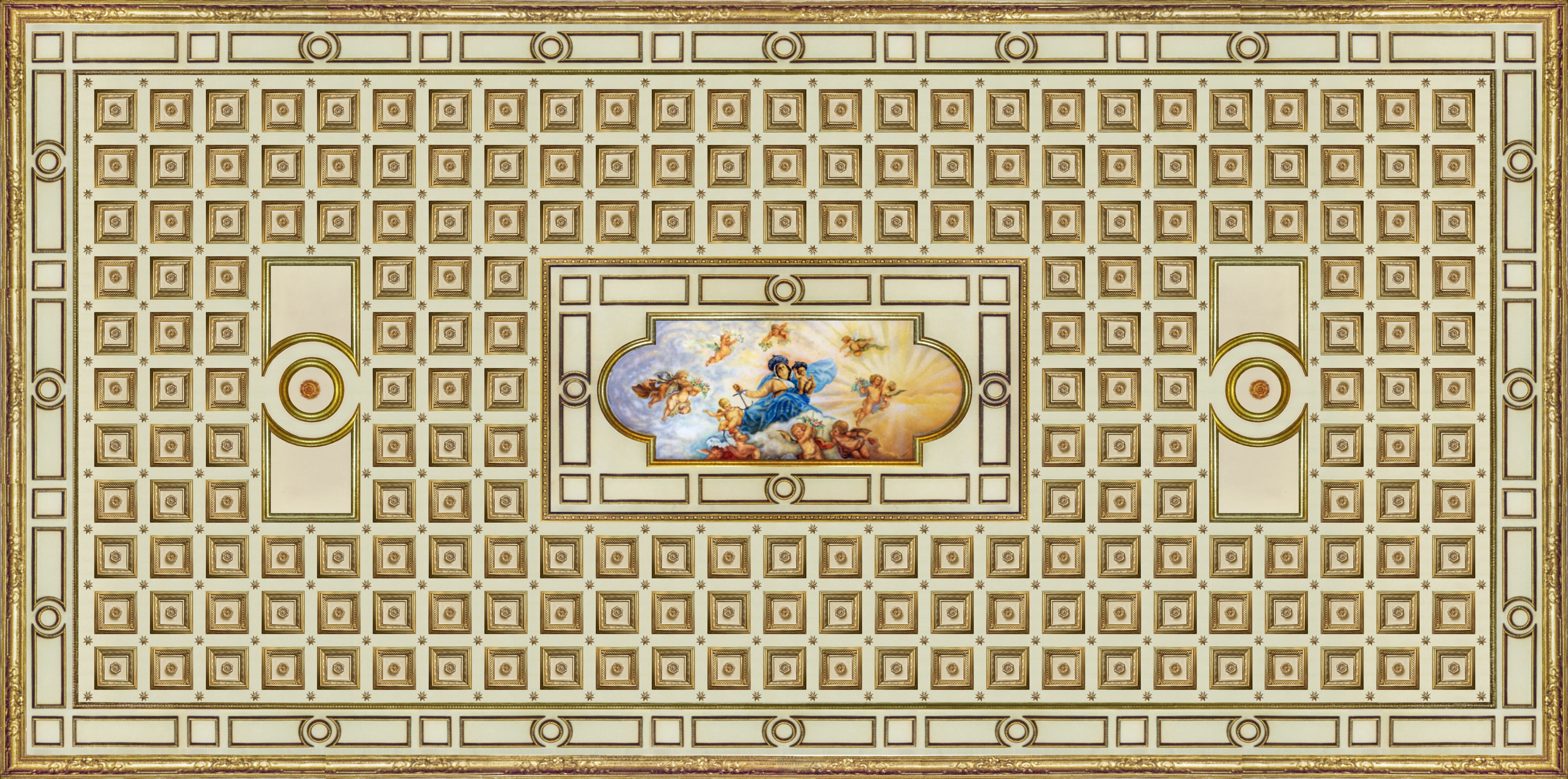 Soffitto Libra - Vista completa del soffitto artistico decorato con doratura a missione